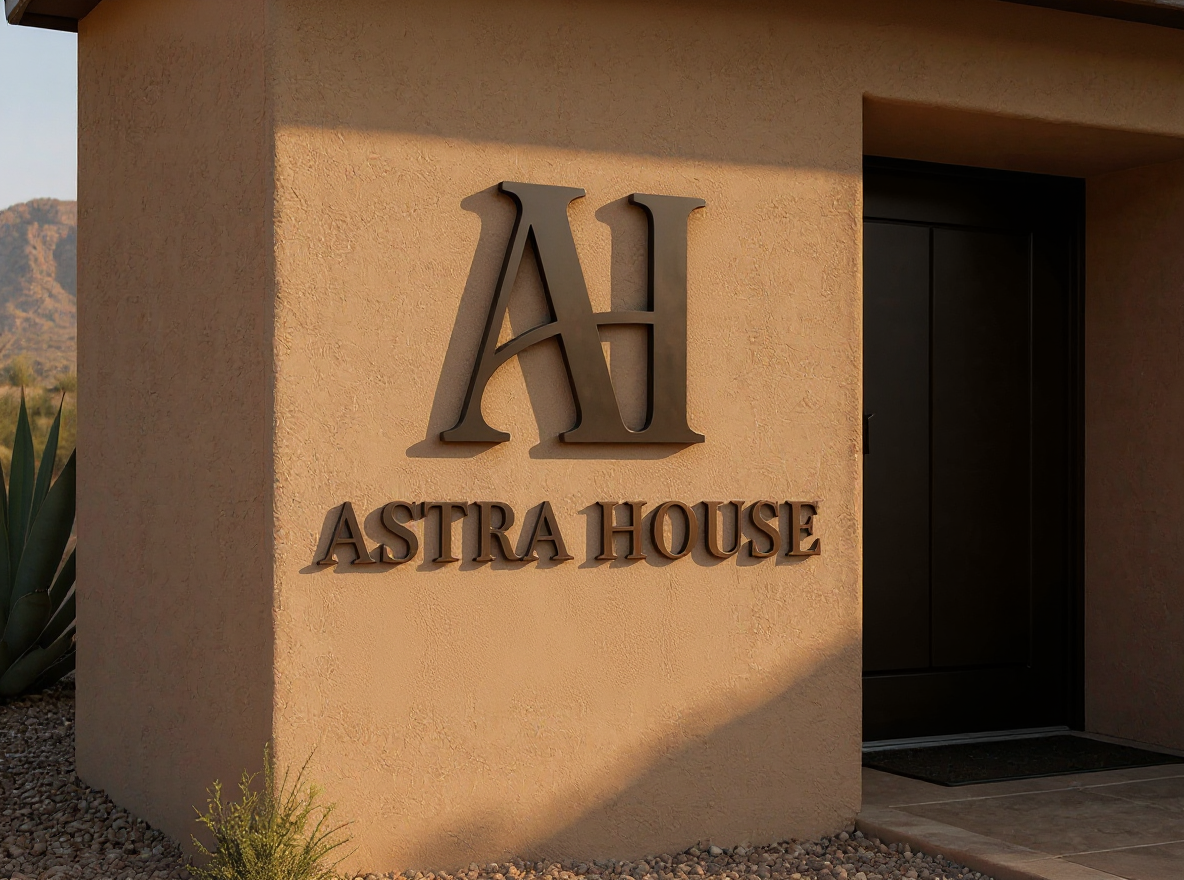 Astra House exterior signage with readable wordmark on warm stone.