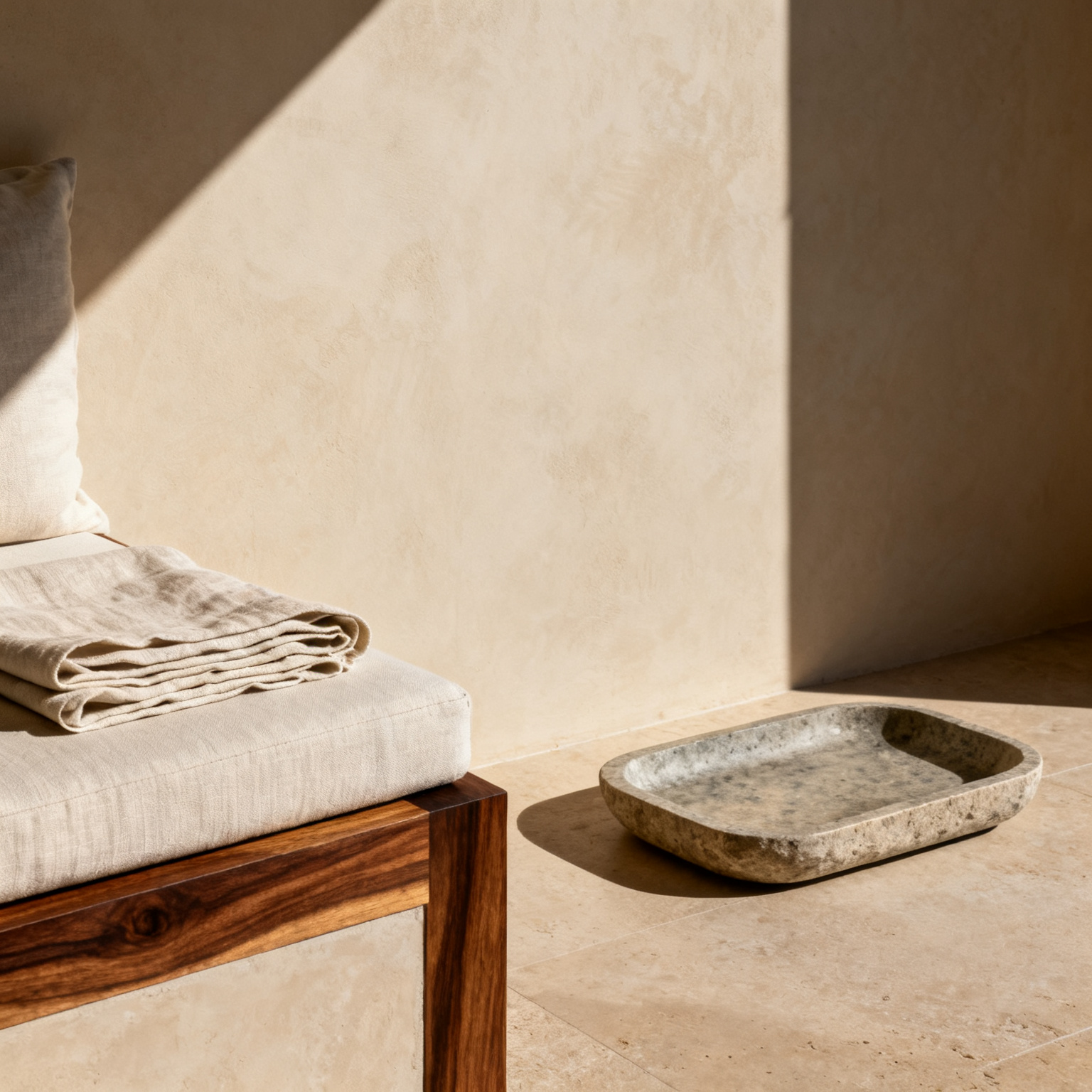 Soft linen detail with warm hospitality light.