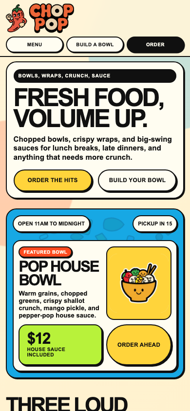 Chop Pop mobile website view.
