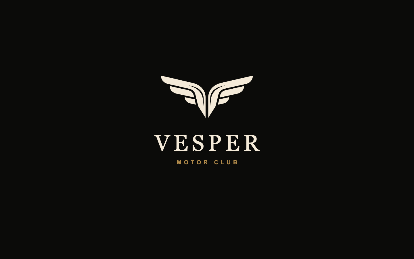 Vesper Motor Club wing blade mark and wordmark on a black background