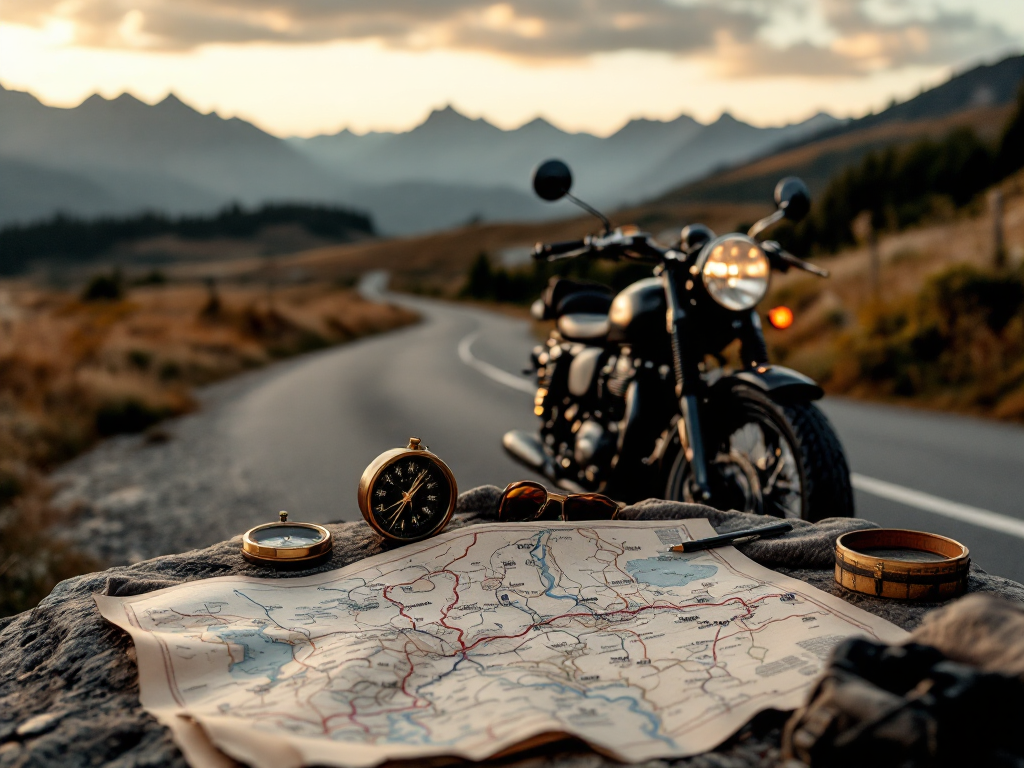 Classic motorcycle touring planning scene at an alpine stop